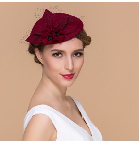 Wine red black colored 100% Australian wool handmade vintage fashion fascinators  veil top evening party wedding bridals pillbox hats fedoras